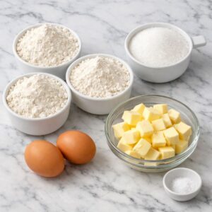Typical ingredients for Pasta Frolla (Italian sweet shortcrust pastry)
