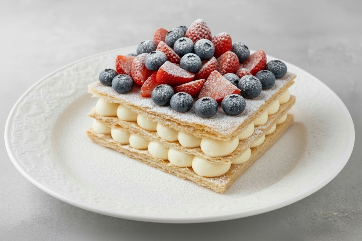 This millefoglie recipe brings together crisp, golden puff pastry and a silky homemade pastry cream for a dessert that looks impressive but feels refreshingly simple to make. You bake thin sheets of puff pastry until they turn light and crackly, then layer them with smooth vanilla custard that sets just enough to hold everything in place. Each bite gives you a mix of crunch, creaminess, and gentle sweetness.